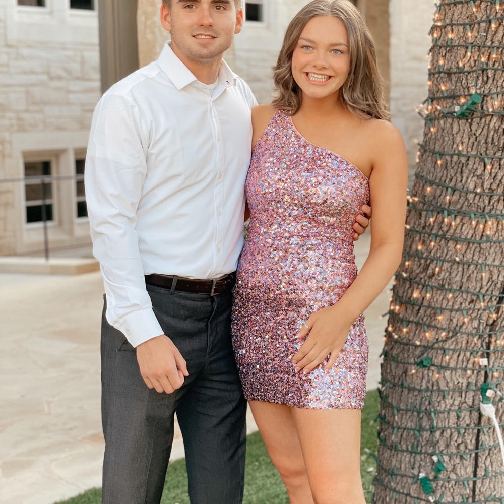 Just Tonight Iridescent Pink Sequin One-Shoulder Bodycon Dress